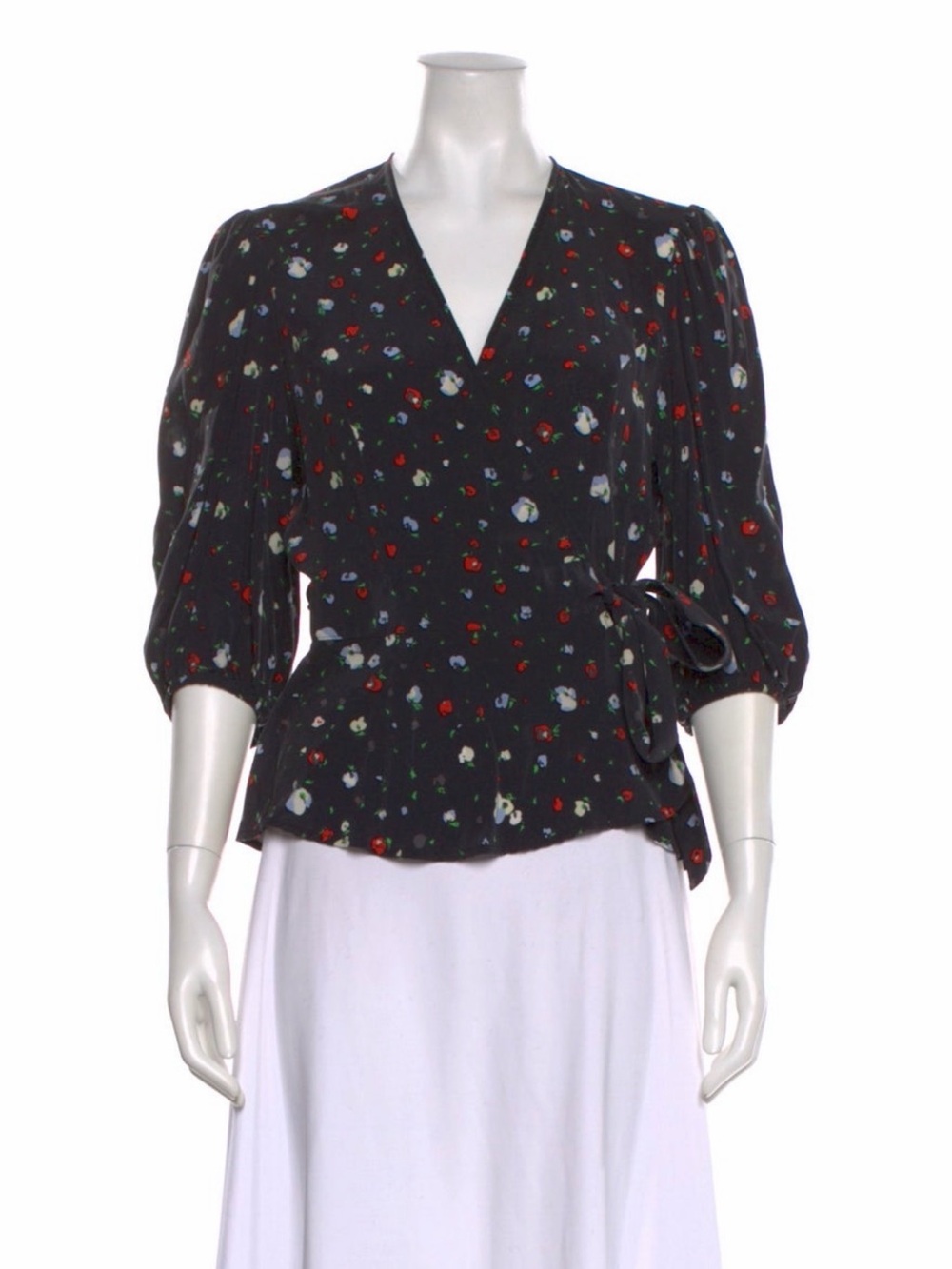 Women’s Black Floral Wrap Blouse 100% Silk
